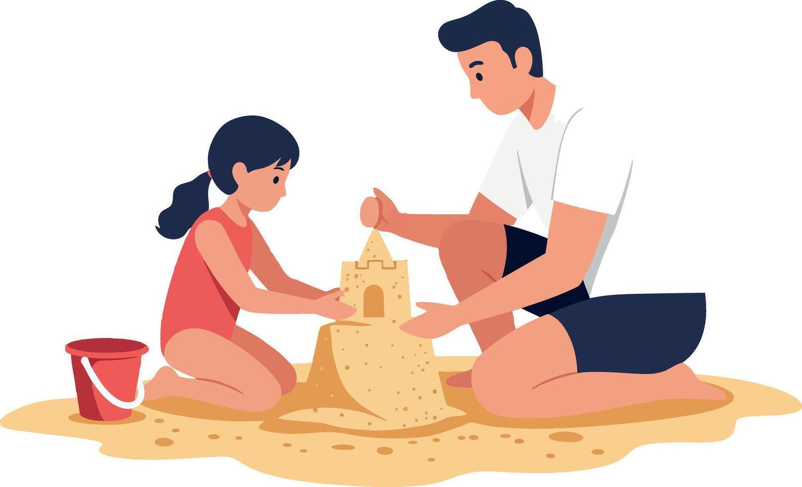 Father and daughter building a sandcastle in flat art vector