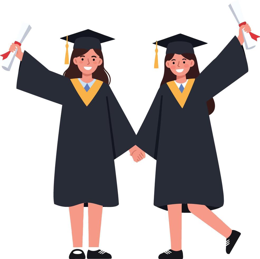 Two happy graduates celebrating their achievement in flat art vector
