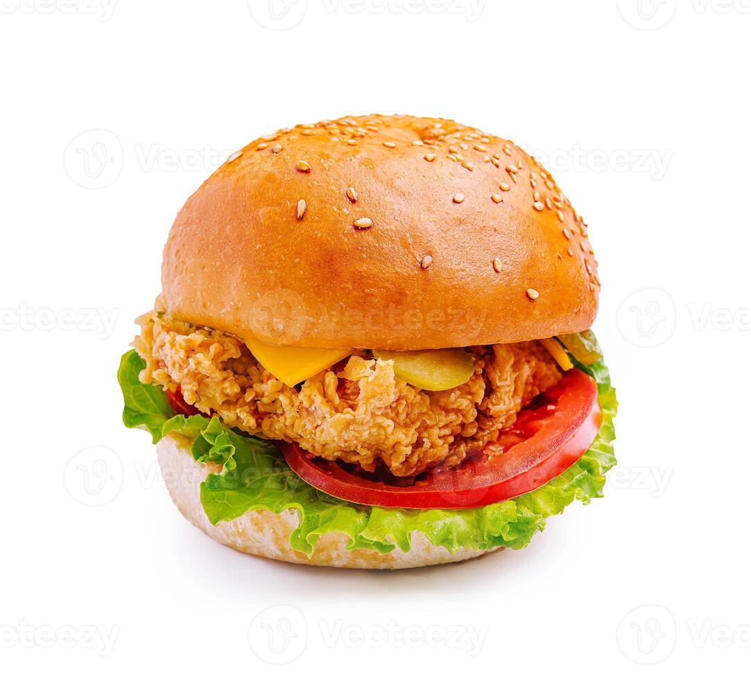 Crispy fried chicken sandwich with lettuce, tomato, and cheese on a sesame seed bun served on a white background photo