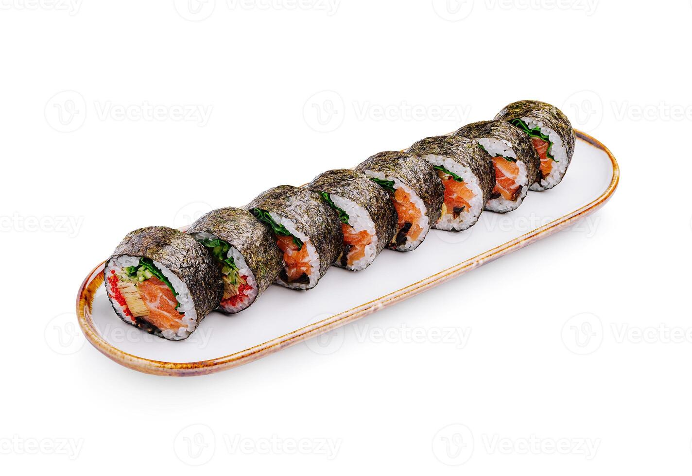 Freshly prepared sushi rolls served on a rectangular plate for a dining experience photo
