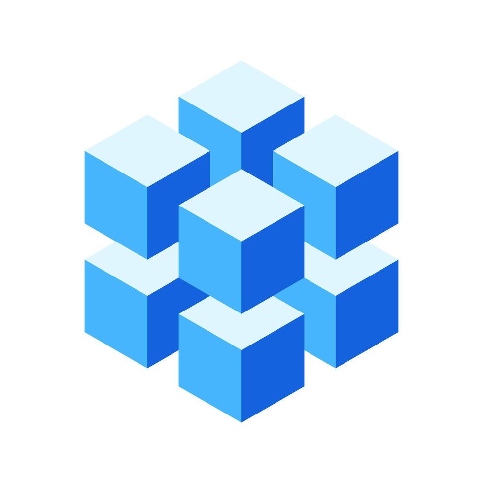 Abstract 3D blue cubes cluster. Modern isometric design, perfect for technology, data, connection, or teamwork concepts. Ideal for websites, presentations, and marketing materials. vector