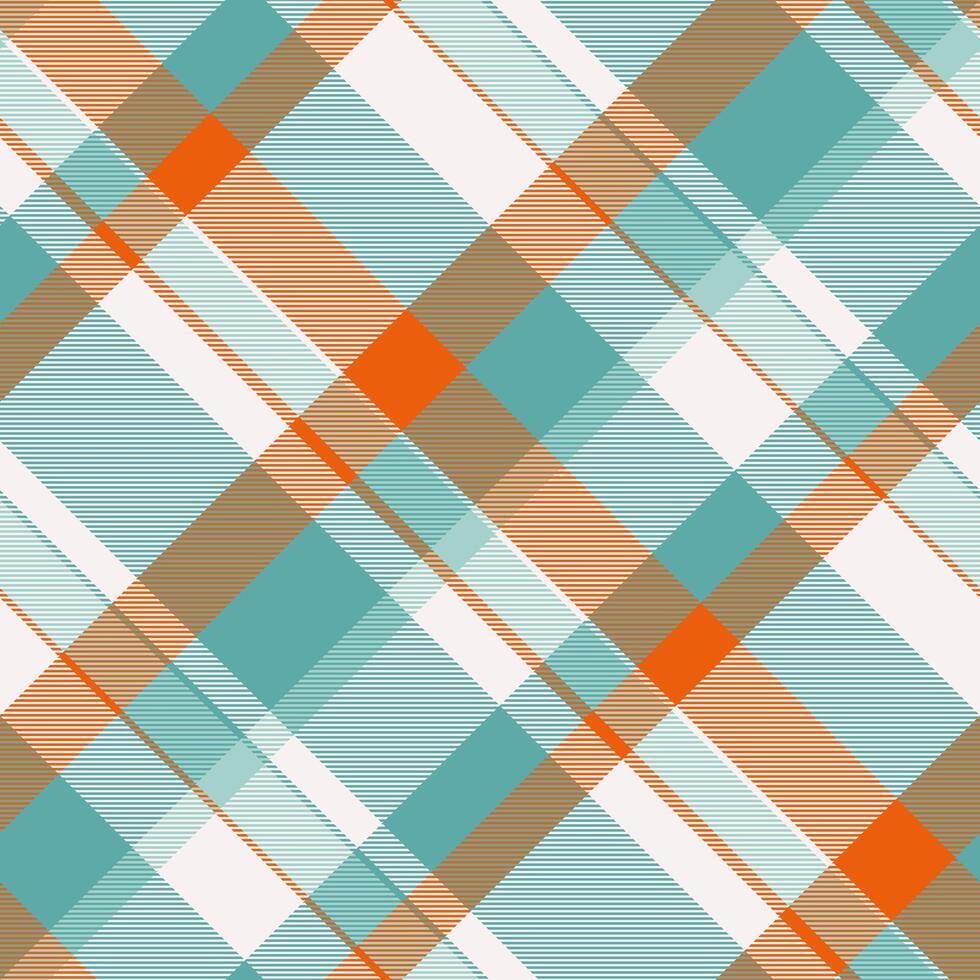 Vibrant diagonal plaid pattern in teal, peach, brown, and white. Perfect for textile design, website backgrounds, or fashion projects. vector