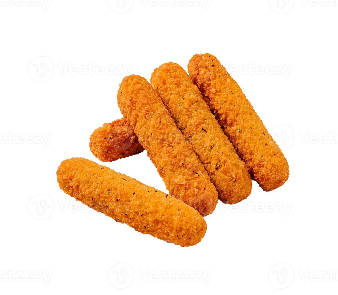 Crispy golden cheese sticks arranged on a clean white surface ready to be served as a delicious snack or appetizer photo