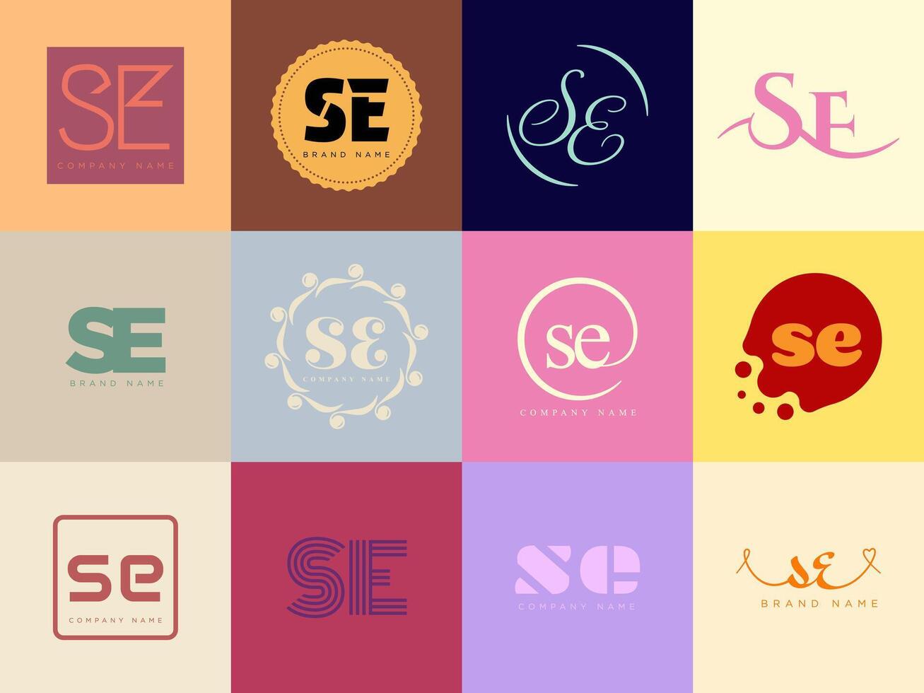 SE logo company template. Letter s and e logotype. Set different classic serif lettering and modern bold text with design elements. Initial font typography. vector