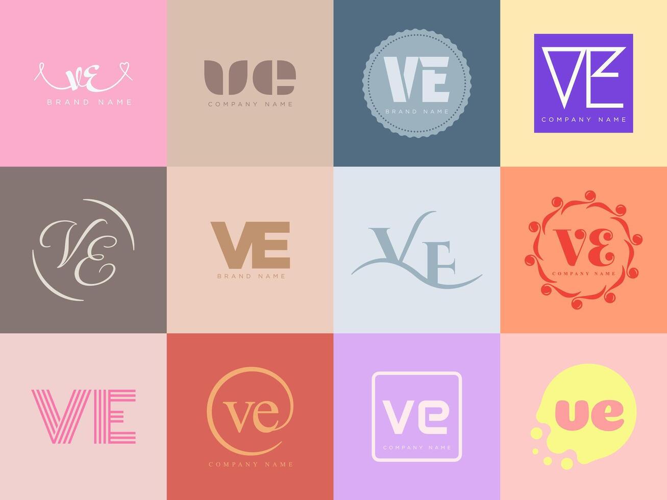 Collection of 12 unique and stylish VE logo designs. Perfect for branding, websites, and marketing materials. vector