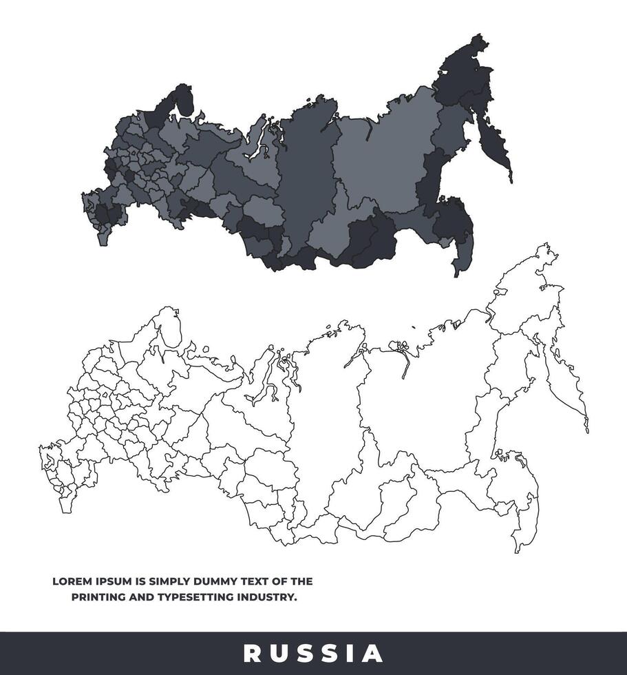 Russia political regions black color outline map set vector