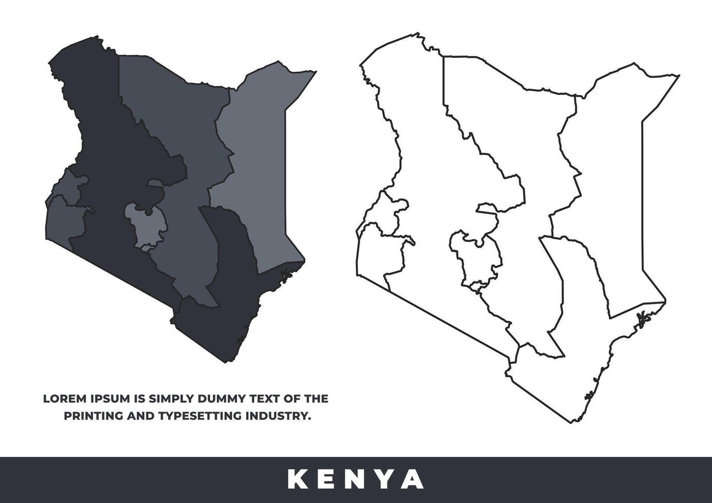 Kenya political regions black color outline map set vector
