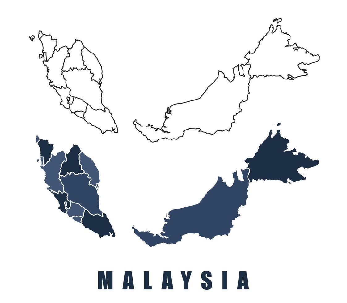 Malaysia map regions border outline set vector