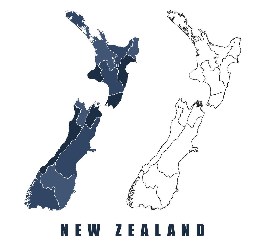 New Zealand map regions border outline set vector