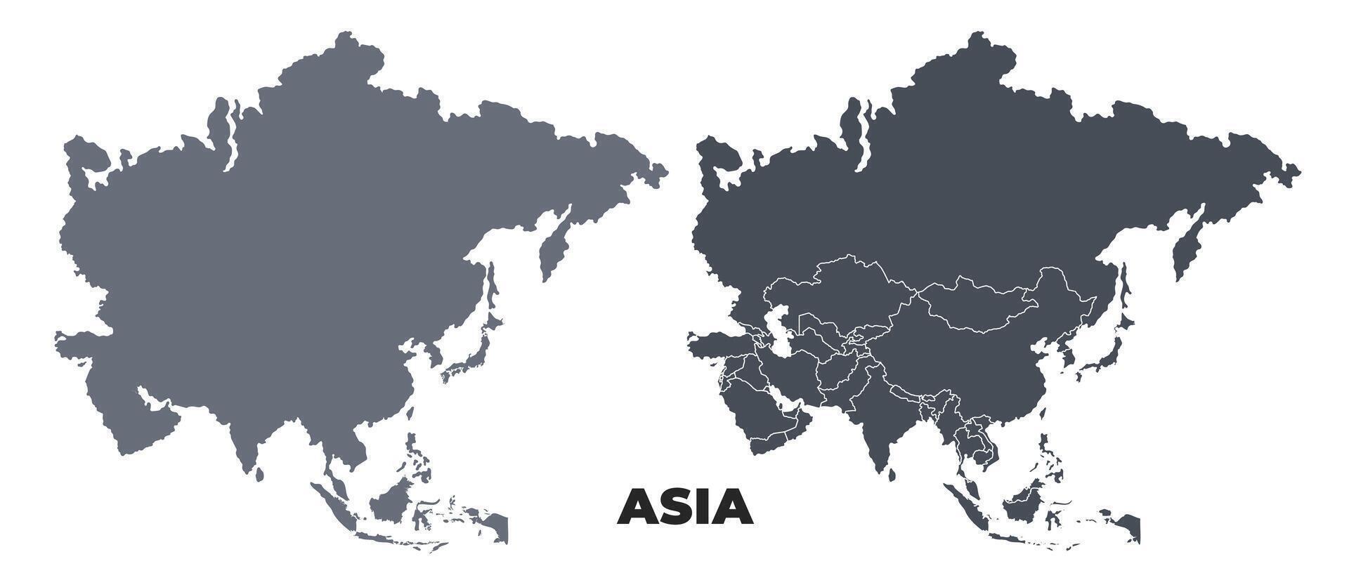 Asia grey political map simple flat illustration set vector
