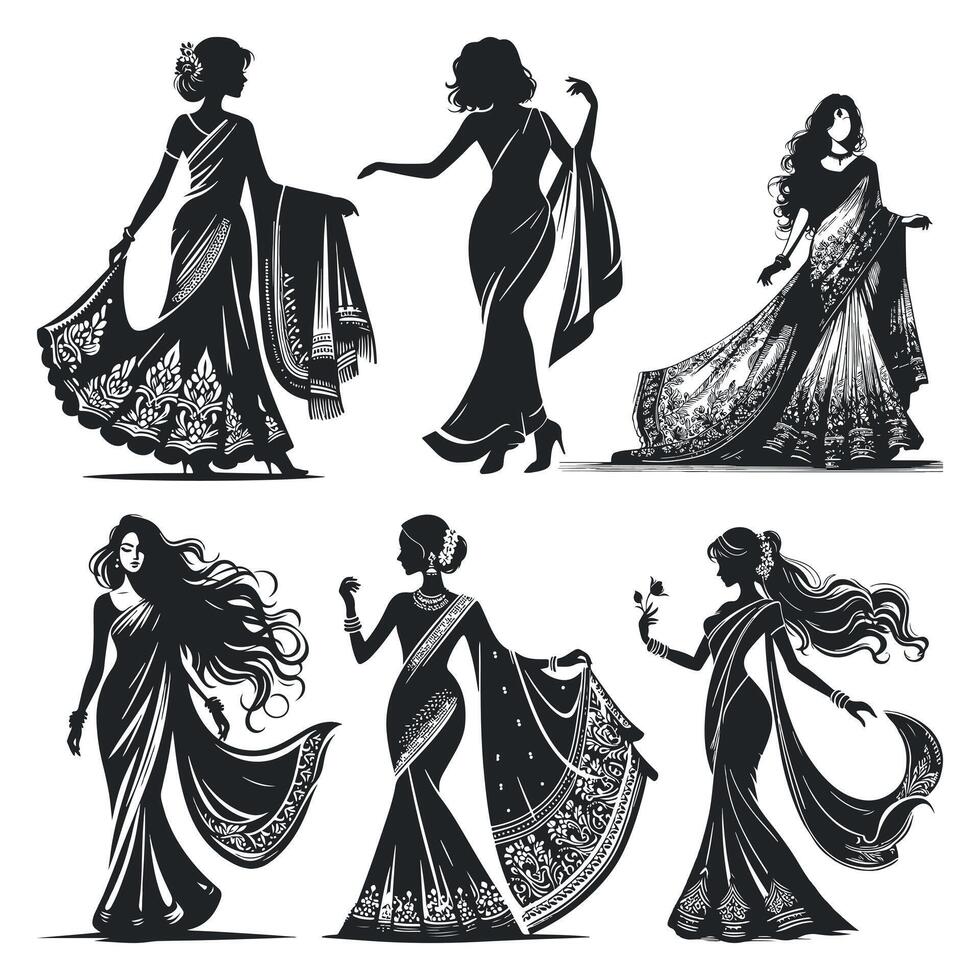 set of Traditional Indian Saree Silhouette Design vector