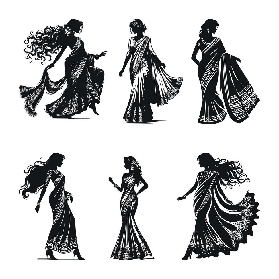 set of Indian Ethnic Wear Silhouette Concept vector
