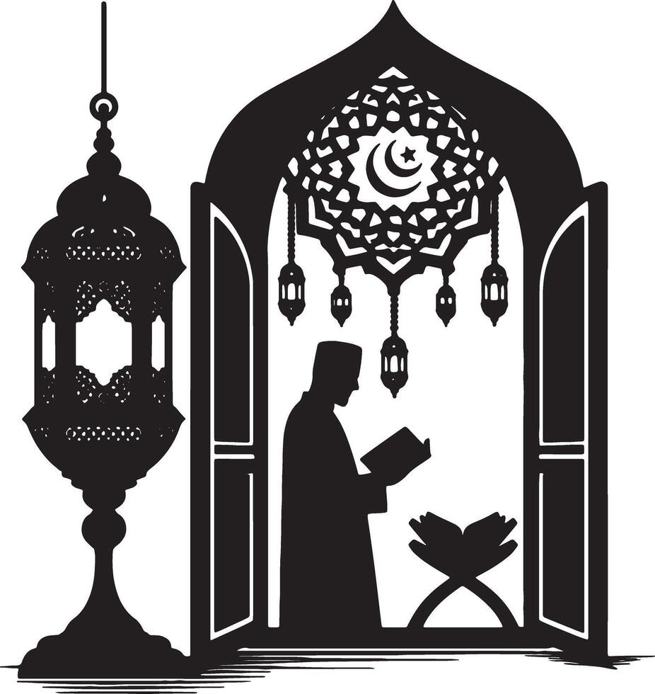 Quran recitation and prayer silhouette for Ramadan vector