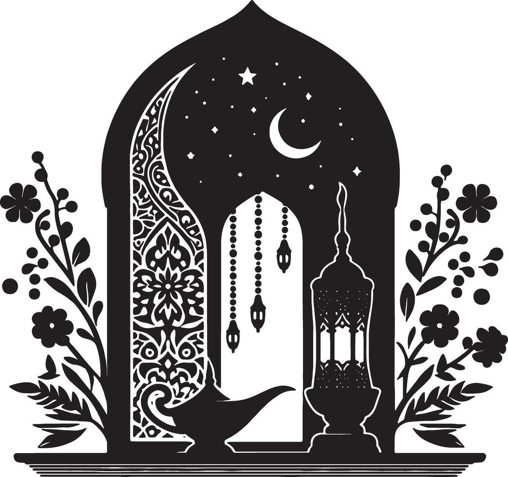 Ramadan Mubarak Background with Lantern and Moon Silhouette vector