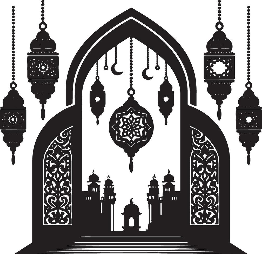 Crescent Moon Silhouette with Ramadan Lantern vector