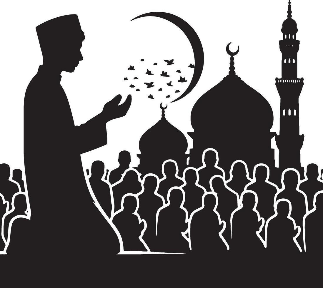 Ramadan prayer with hands raised silhouette vector
