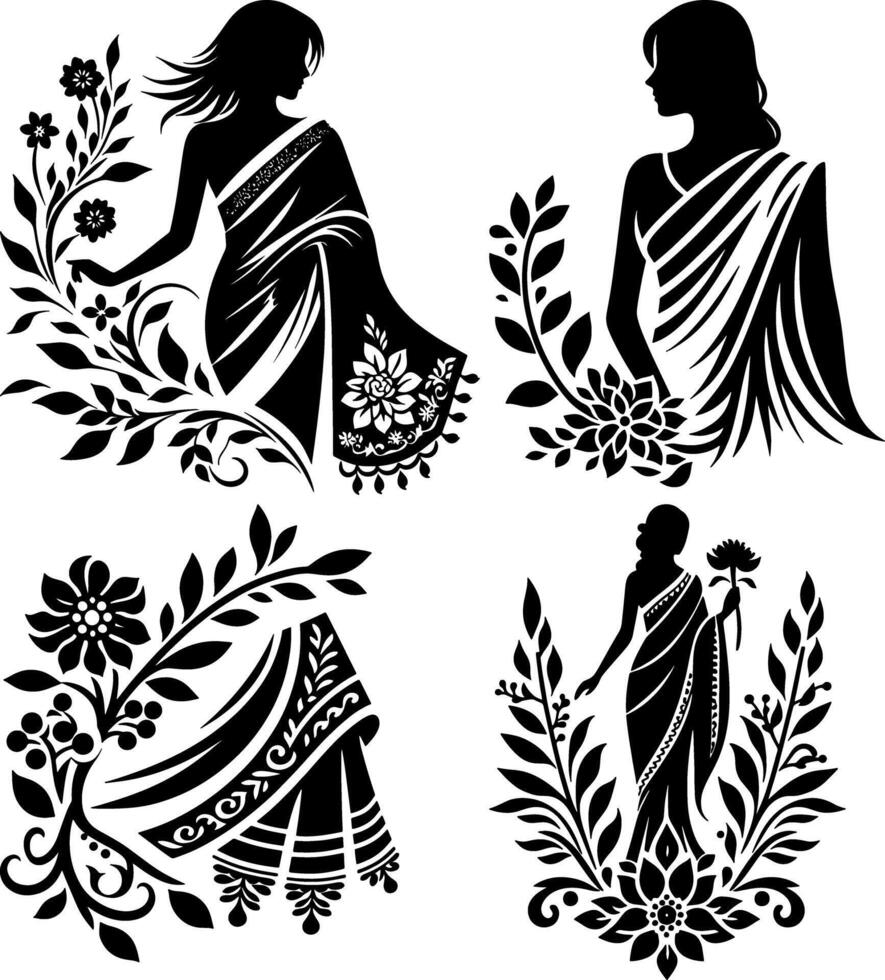 Set of Floral Saree Design Silhouette vector