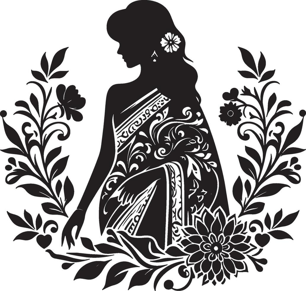 Womens Saree with Floral Silhouette Accents vector