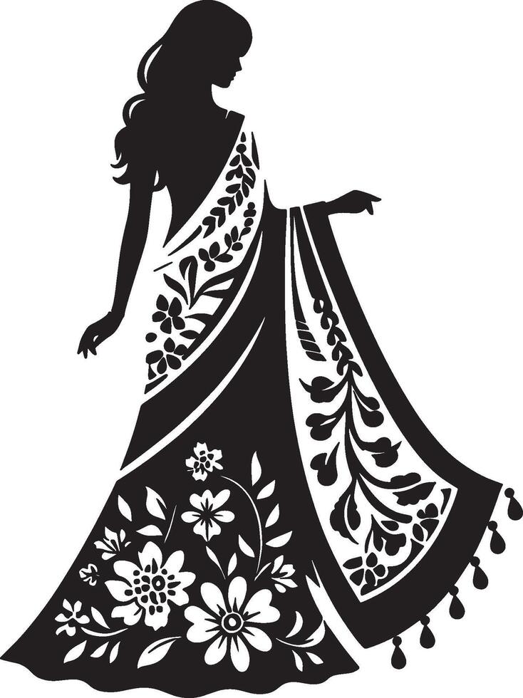 Vibrant Saree with Intricate Floral Silhouettes vector