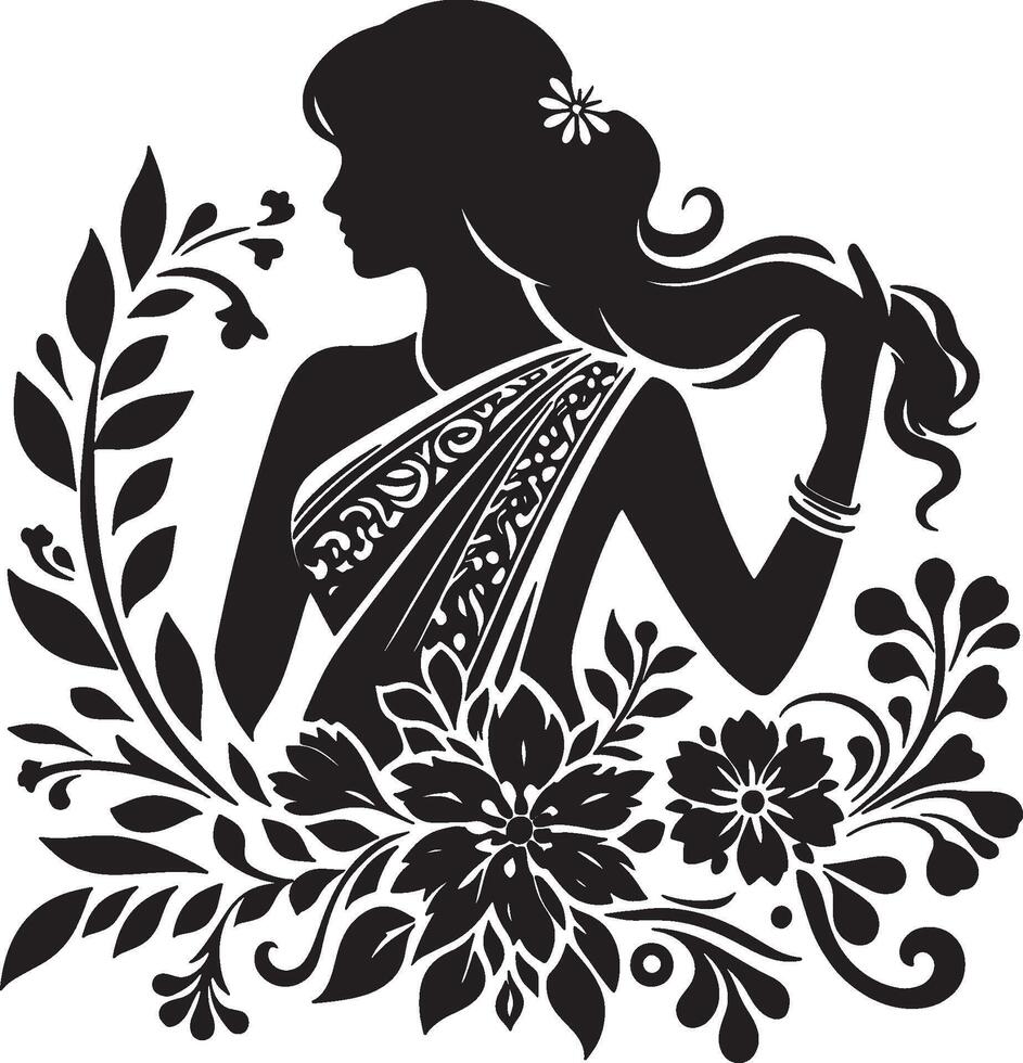Stylish Saree with Floral Motifs and Elegant Drape vector