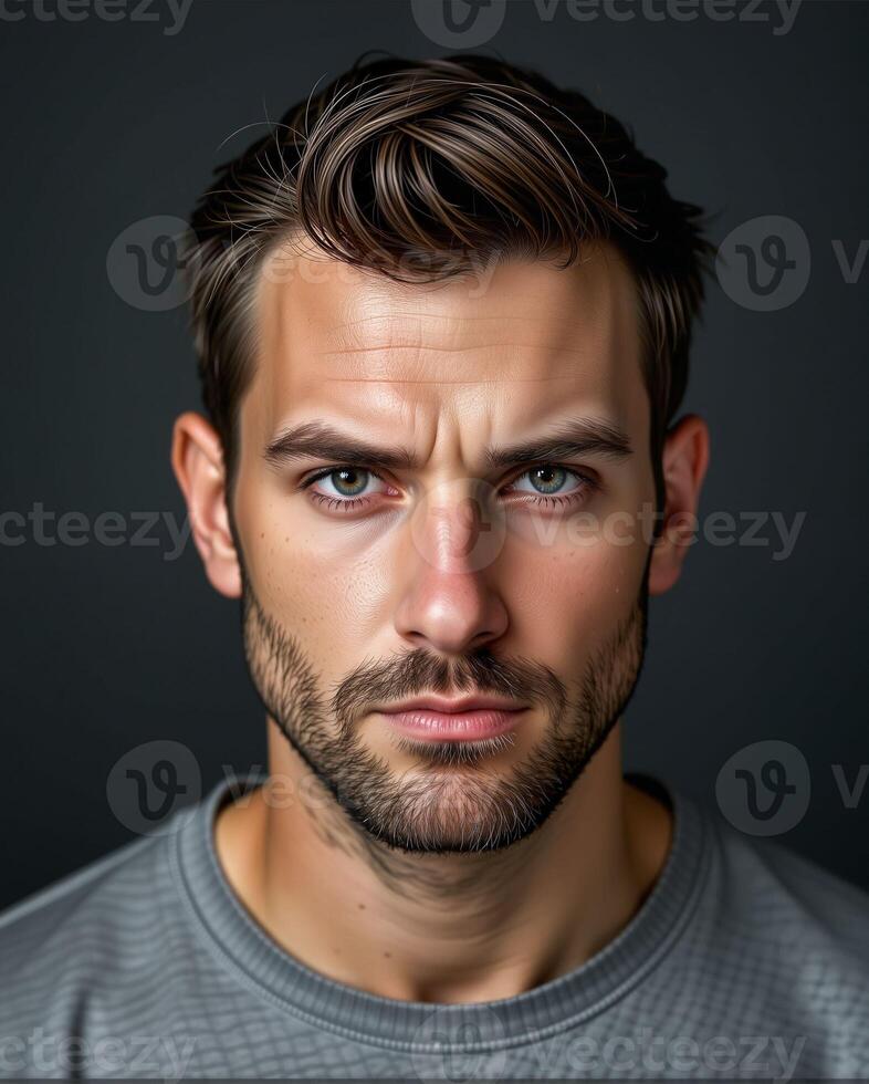 Intense Portrait of a Handsome Young Man with Strong Features photo