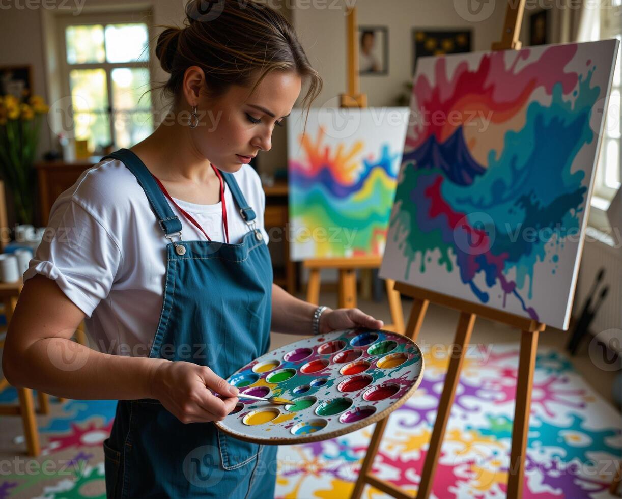 Female Artist Mixing Paint in Creative Studio with Colorful Canvases photo
