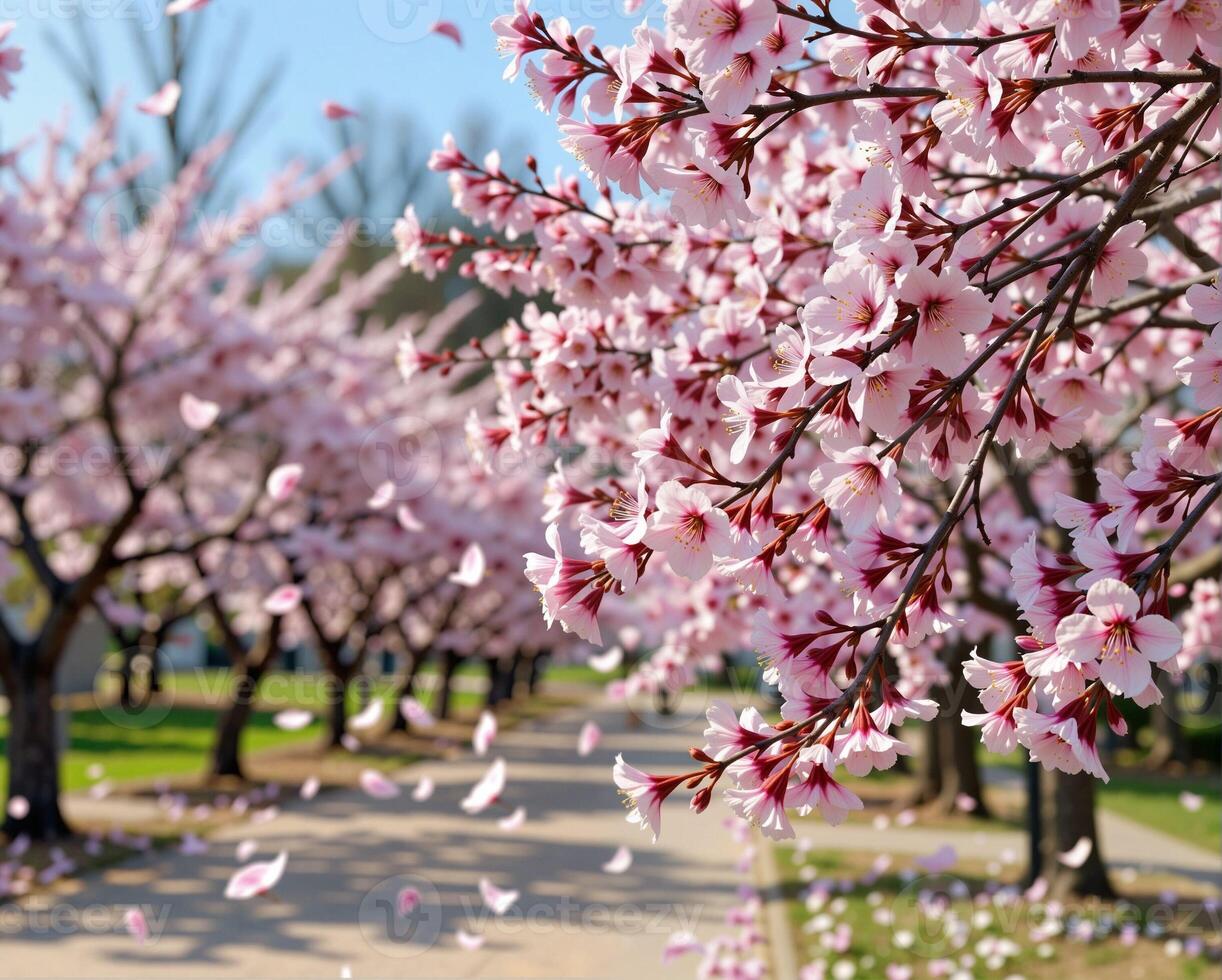 Blossoming Cherry Trees in Spring with Petals Flying in the Breeze photo
