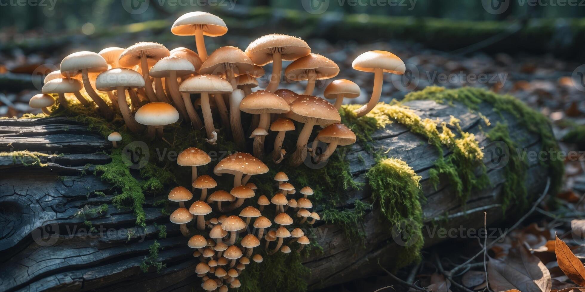 A cluster of mushrooms growing on the surface of a decaying log photo