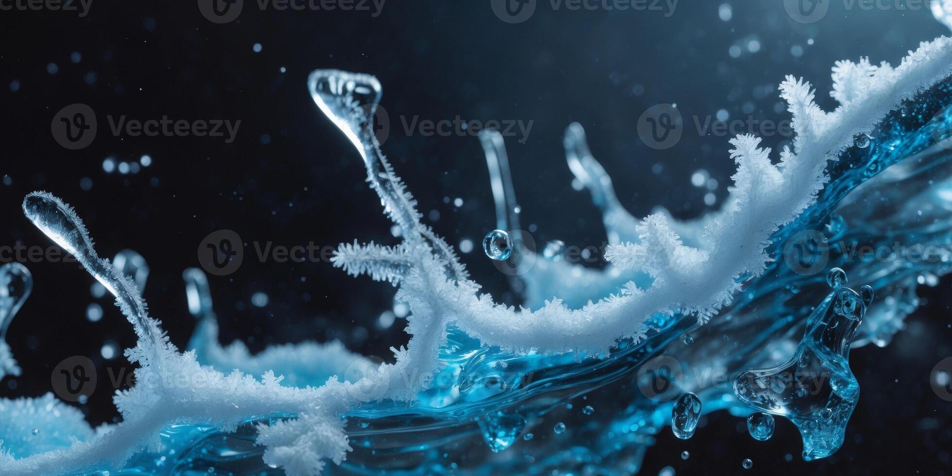 Frozen Water Splashes with Blue Tint on Black Background. photo