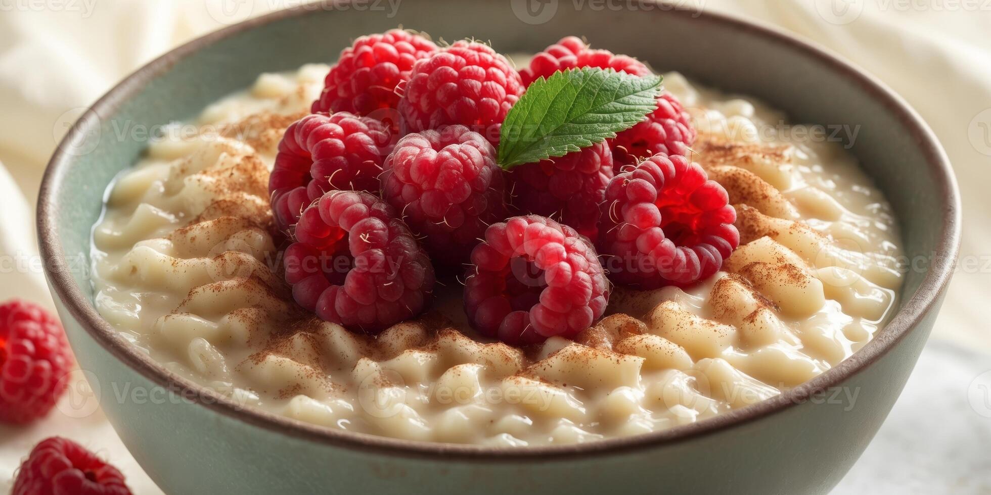 A delicious bowl of creamy rice pudding topped with fresh raspberries and cinnamon photo