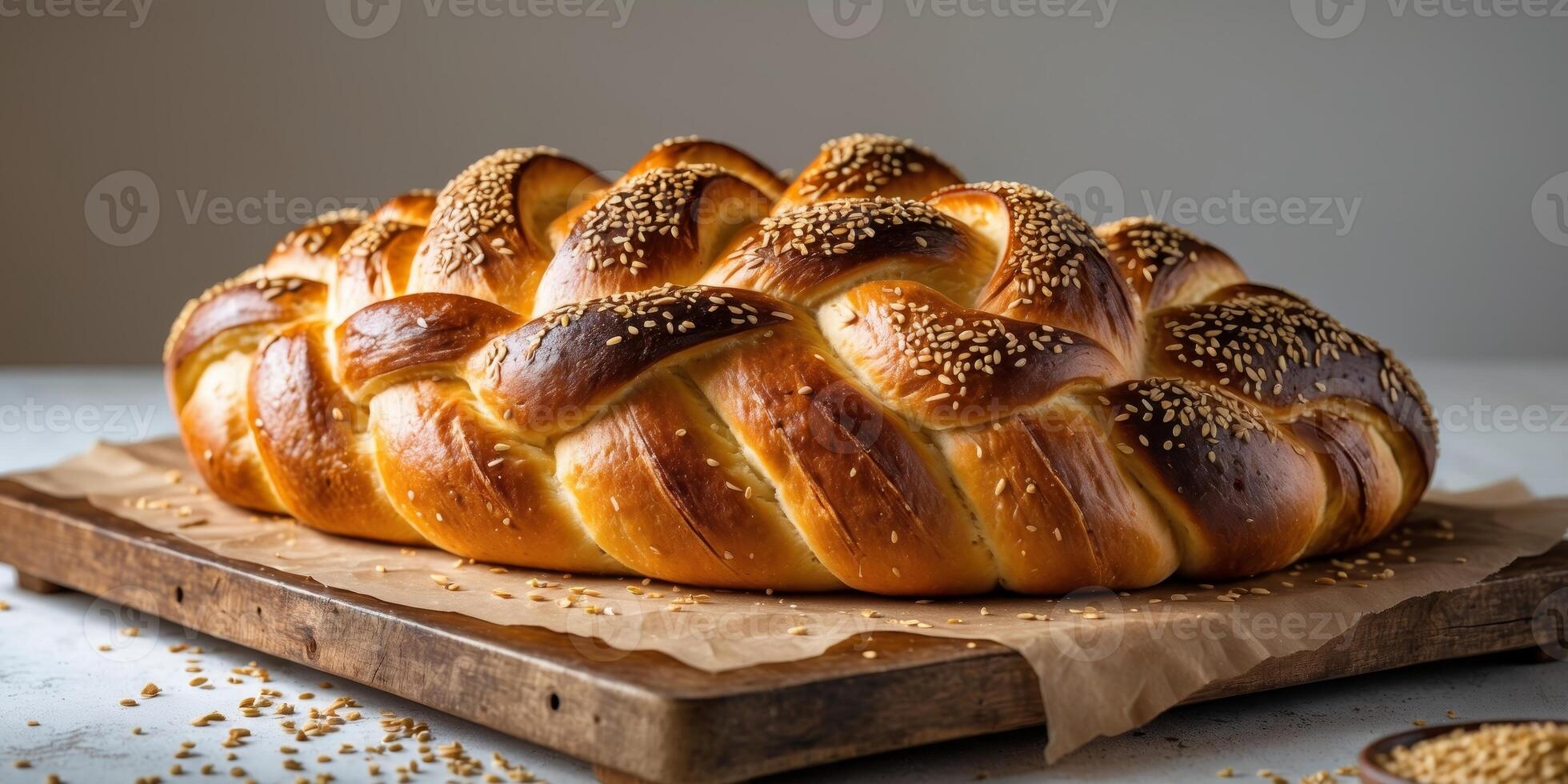 Deliciously golden brown and intricately decorated traditional bread on baking tray photo