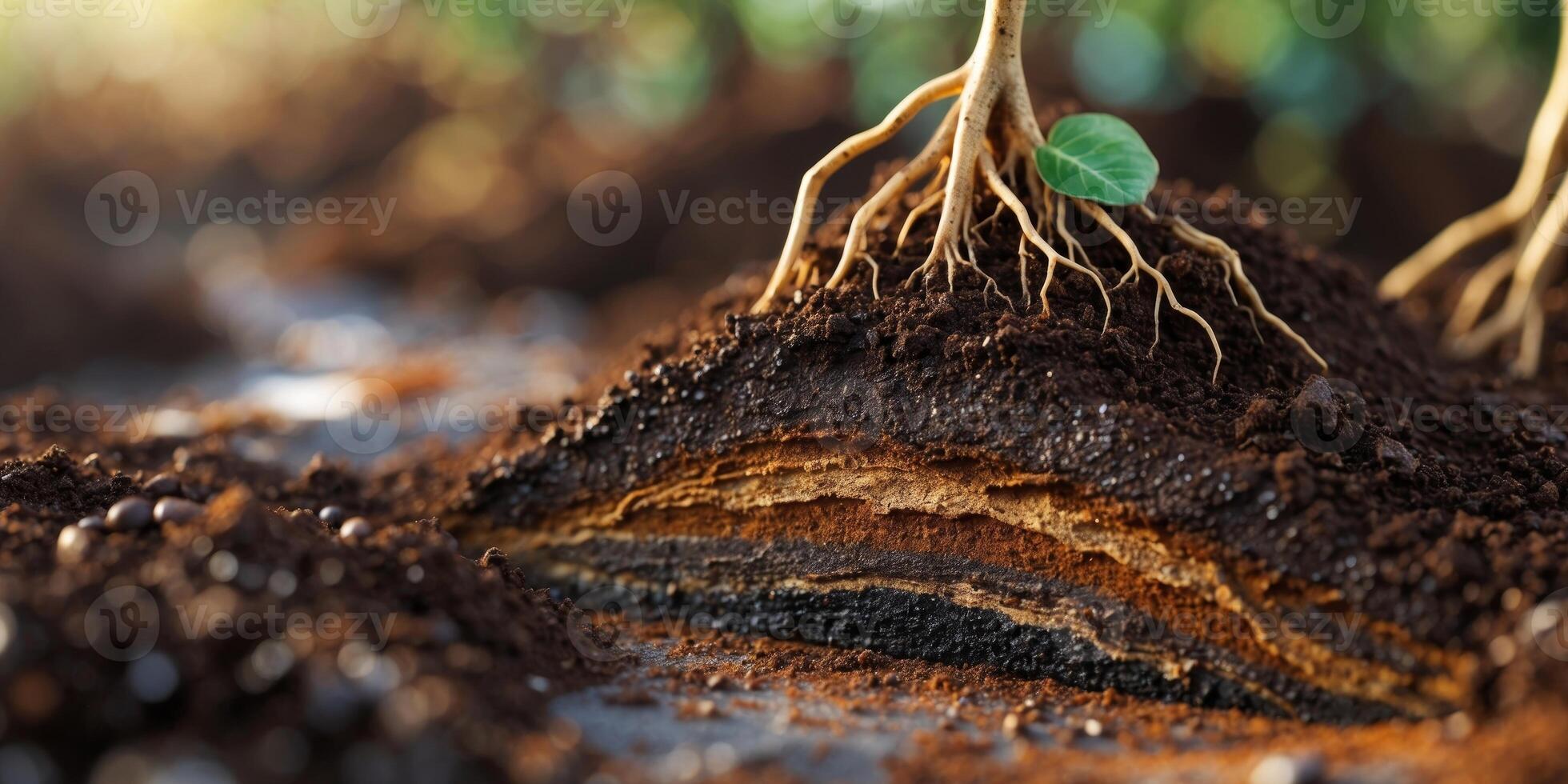 Rich Dark Brown Soil Texture Earth Cross Section Agriculture Background. photo