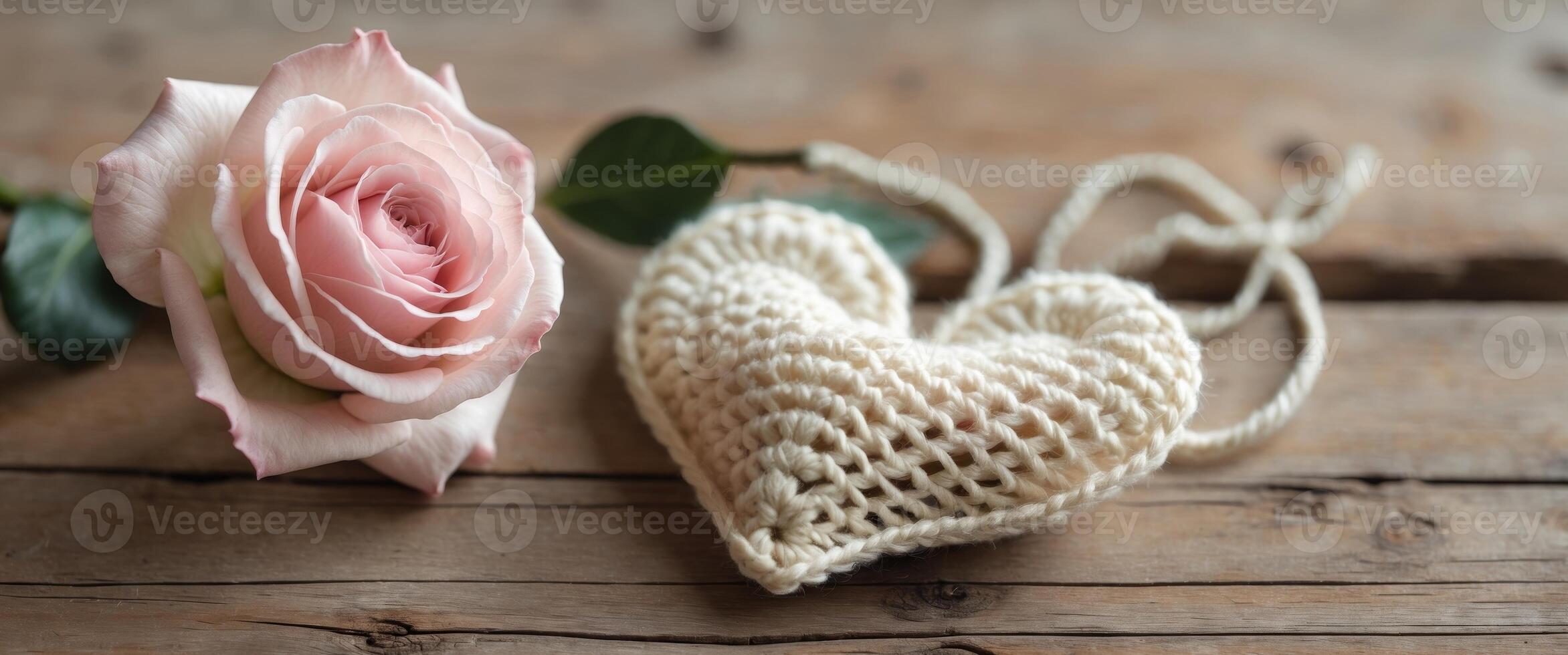 A delicate pink rose and a crocheted heart rest on rustic wooden planks. photo
