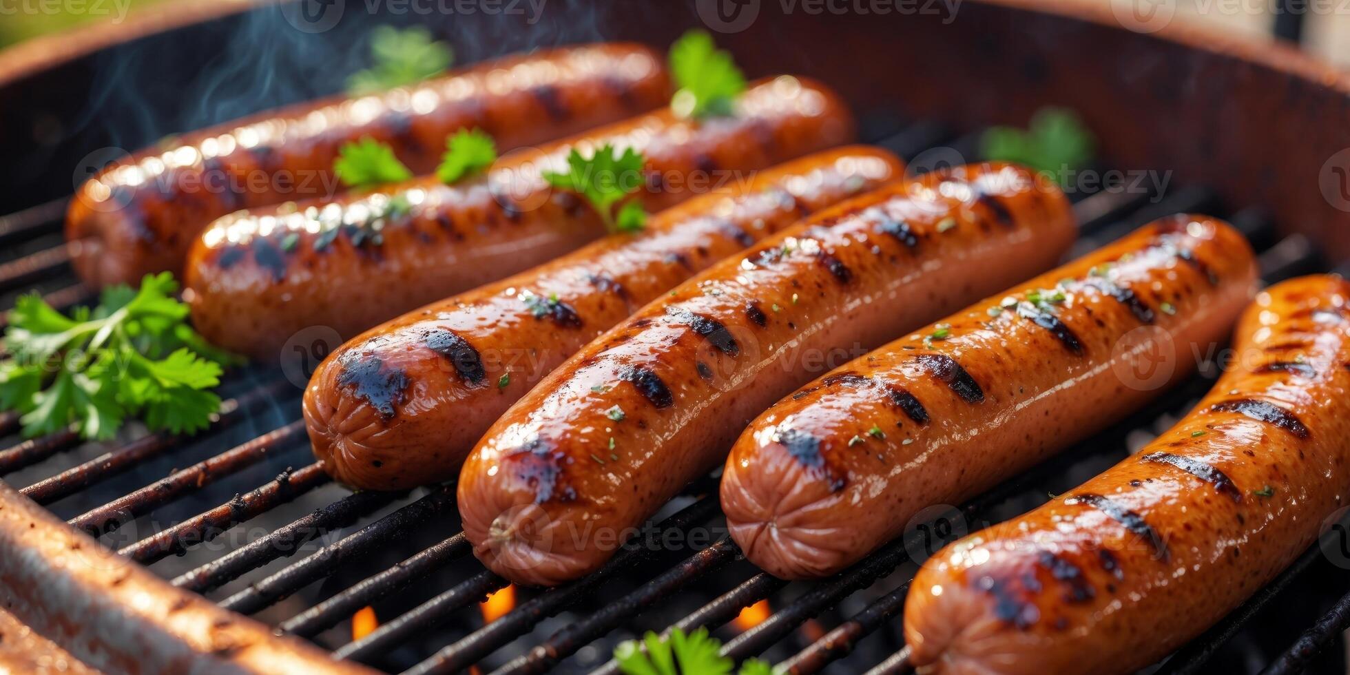 Grilled sausages on a grill photo