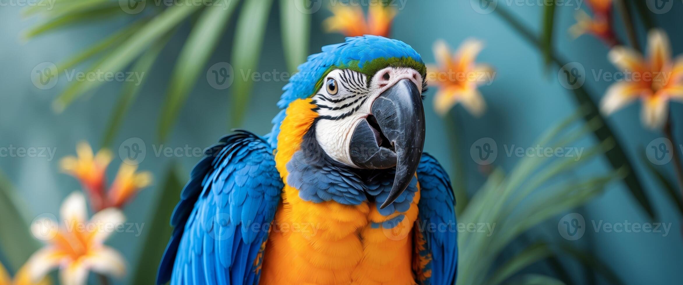 A blue and yellow parrot is sitting on a branch photo