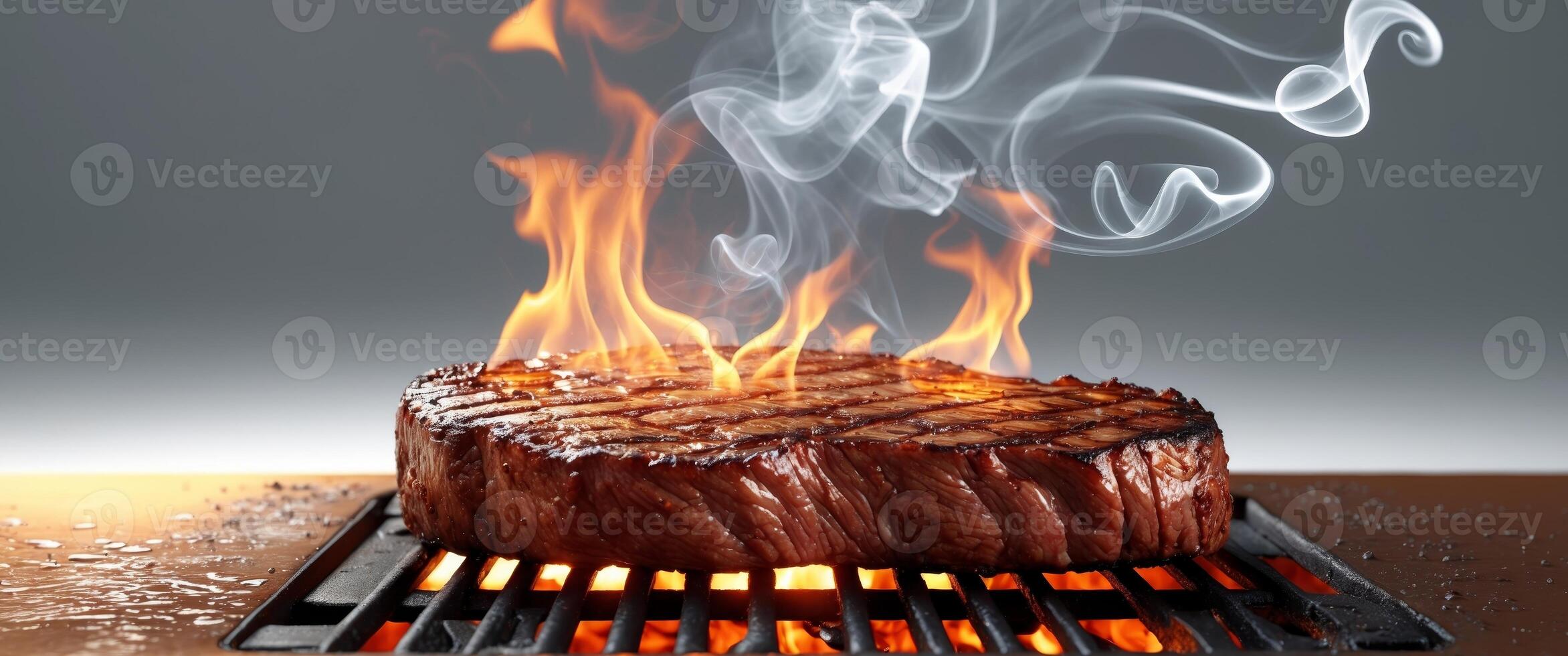 Sizzling juicy steak on a grill with flames and smoke creating a mouthwatering experience photo