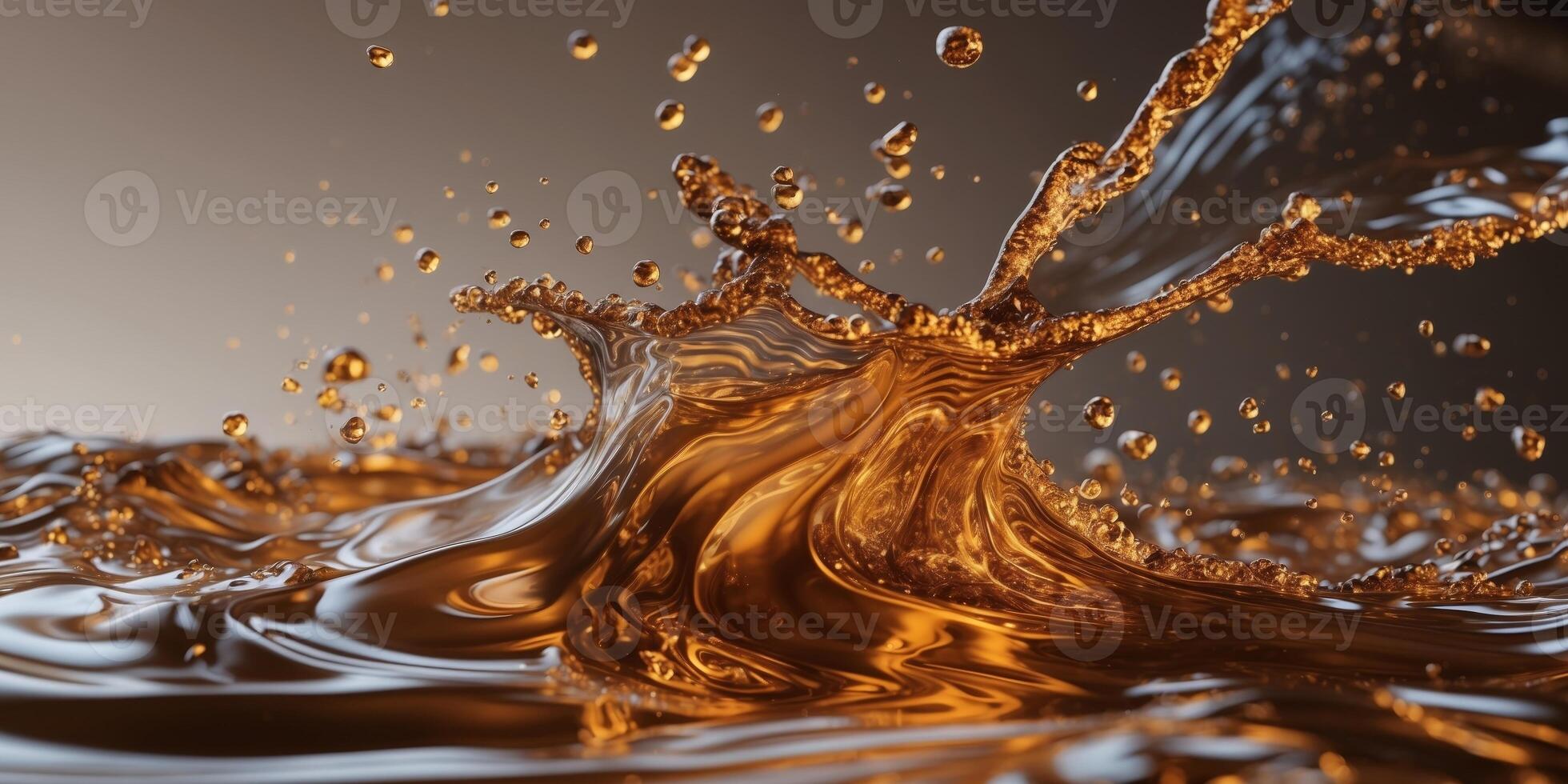 Dramatic Splash of Golden Brown Liquid Close Up Texture Coffee or Tea Wave. photo