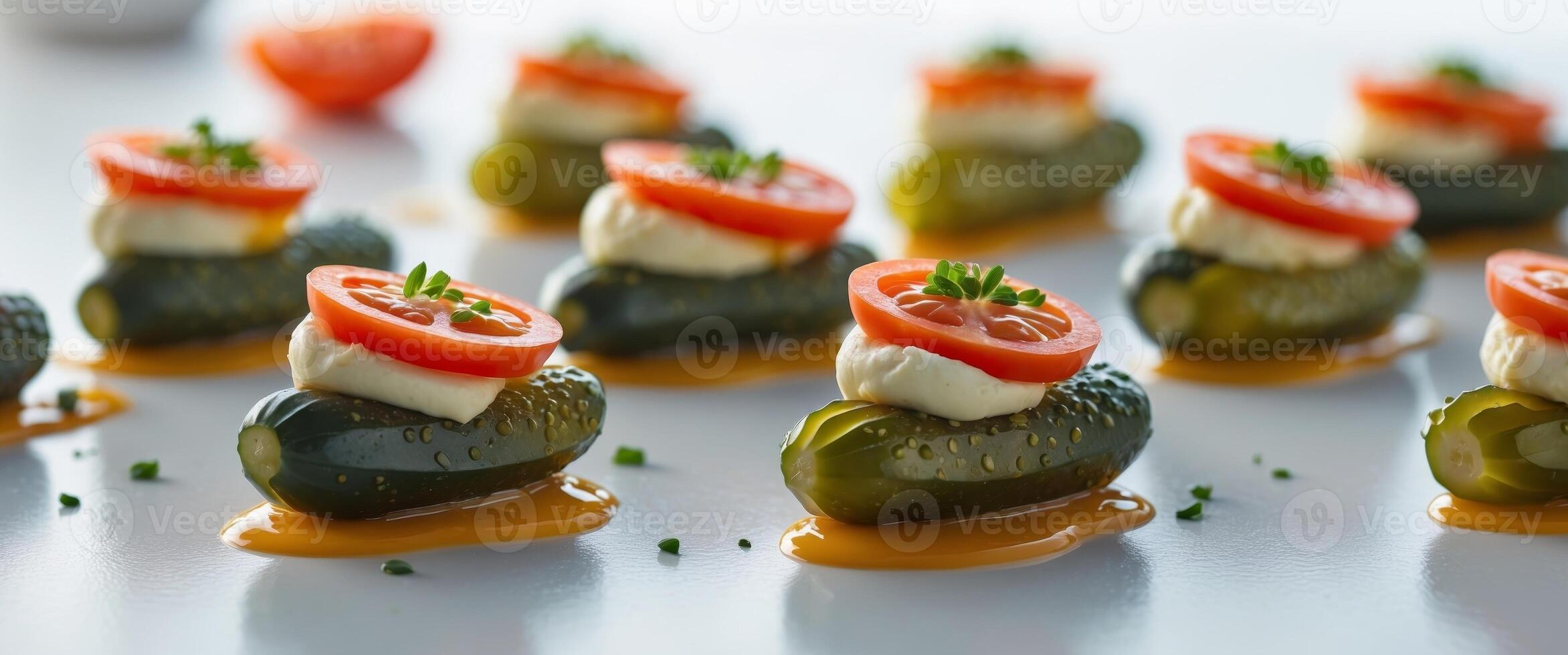 Pickle appetizers with creamy cheese and fresh tomato topping photo