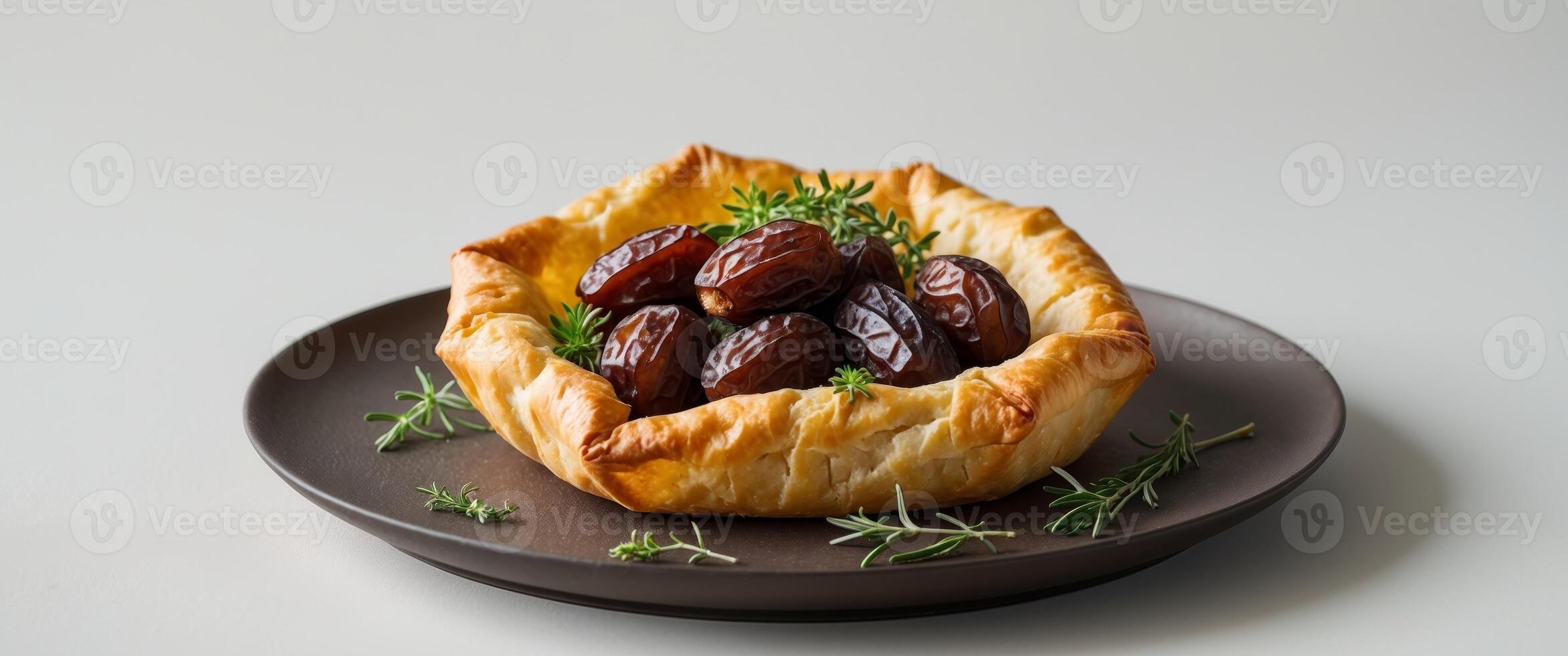 Golden Flaky Pastries Filled with Dates and Herbs on a Dark Plate. photo