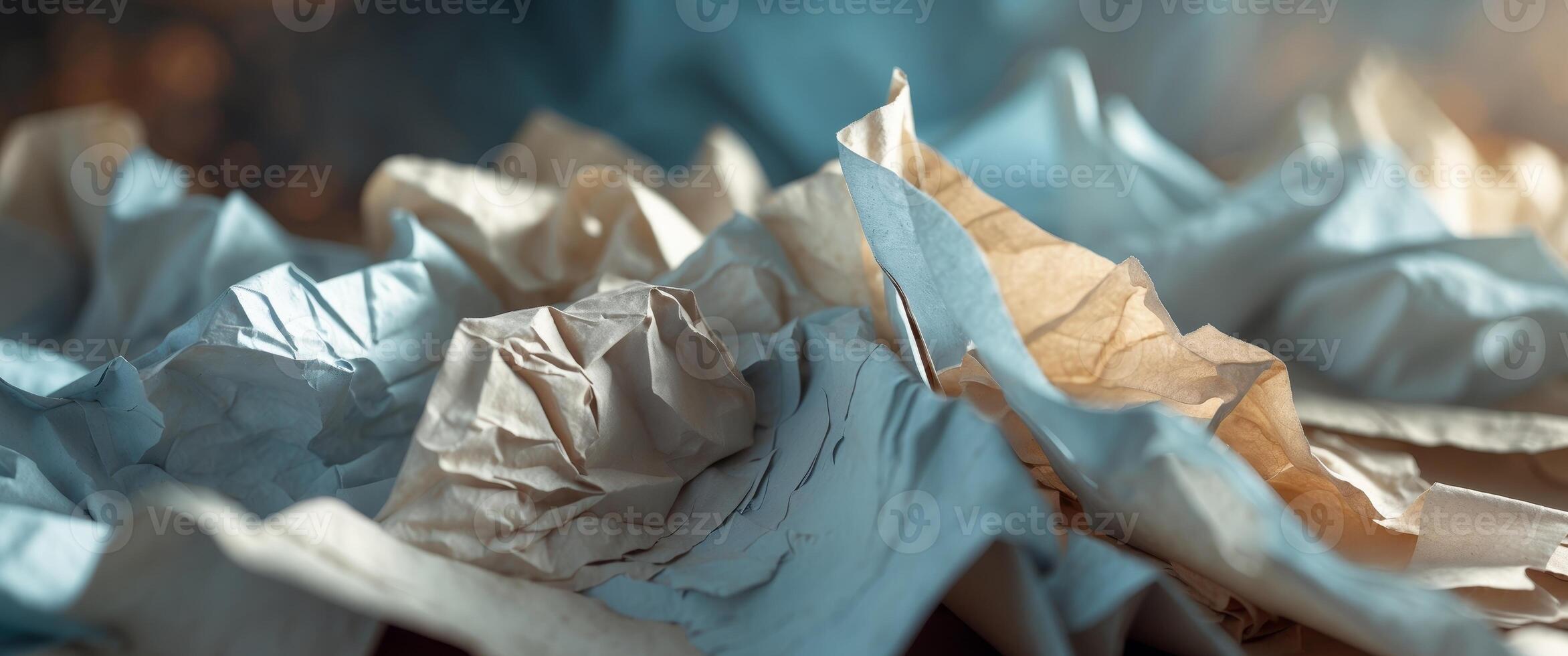 Crinkled paper in shades of blue beige and brown creates a textured and abstract background with deep shadows photo