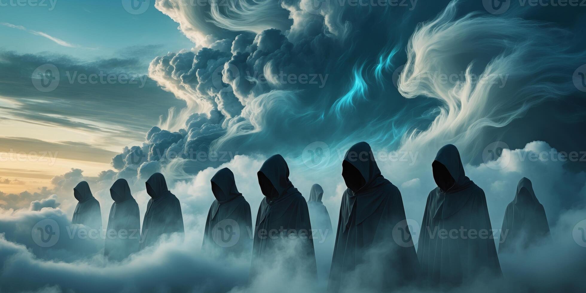 Mysterious hooded figures emerging through swirling clouds during twilight. photo