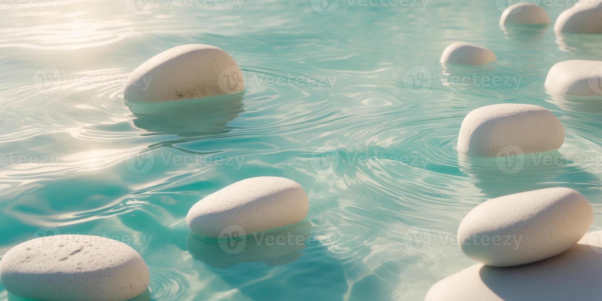 A group of white stones floating in a body of water photo