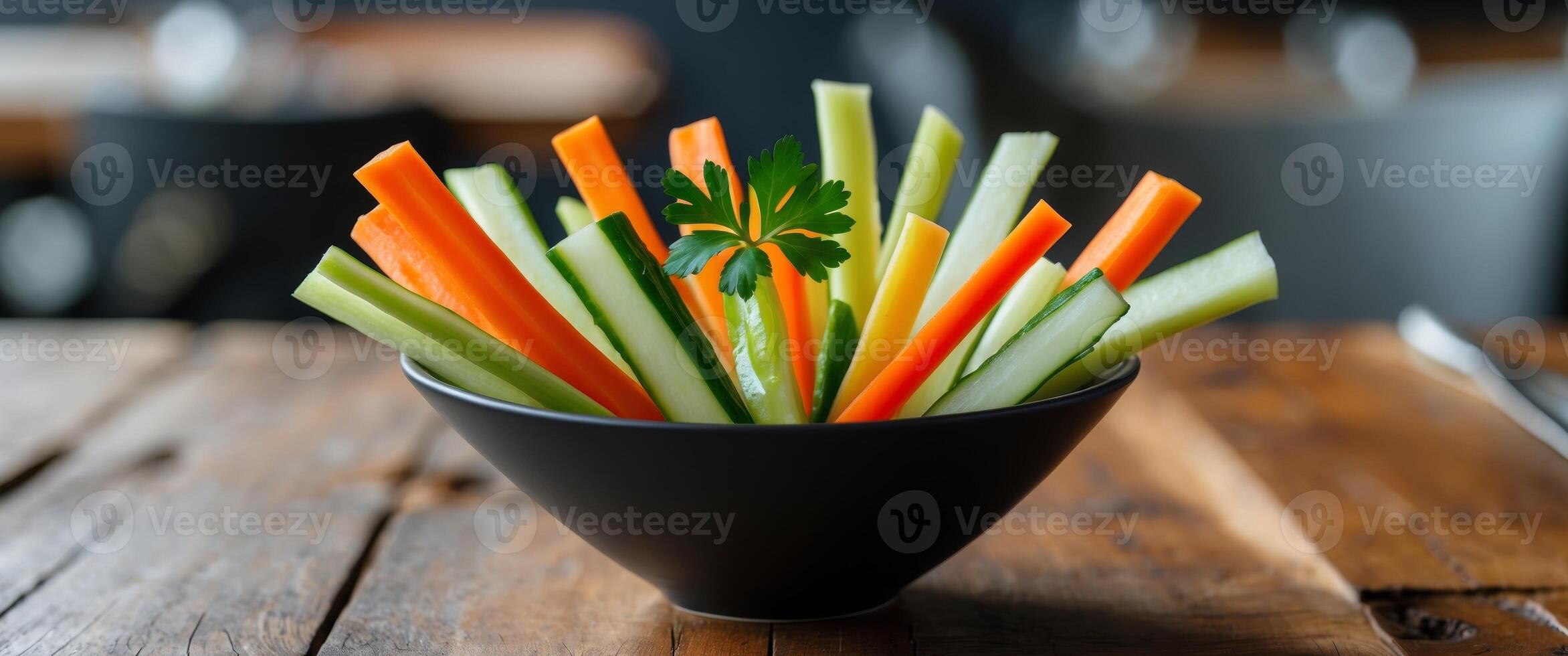 Crispy Vegetable Sticks with Fresh Green Garnish and Black Bowl on Wooden Table in Modern Restaurant Setting. photo