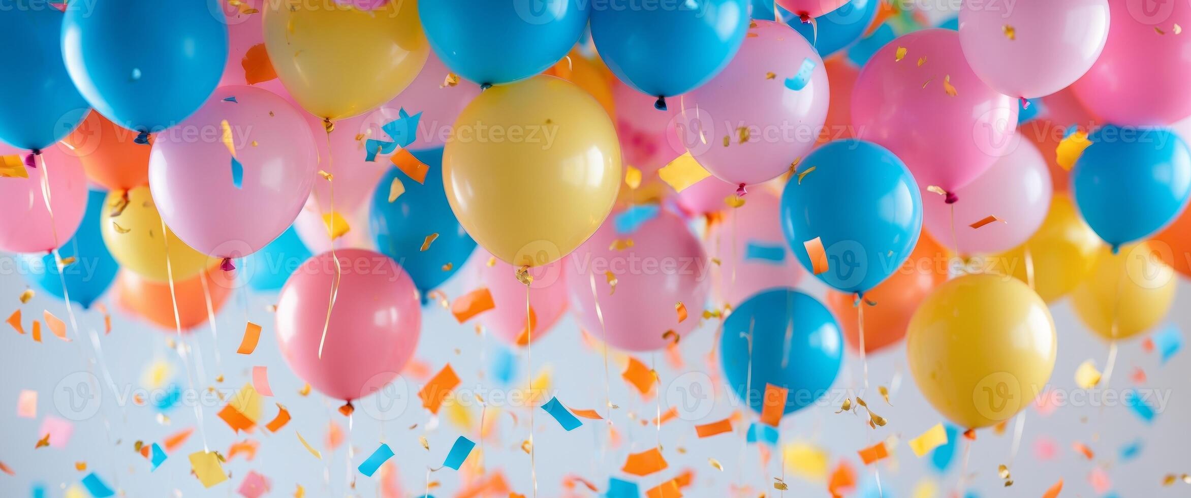 Colorful balloons and confetti create a festive atmosphere for celebration events photo