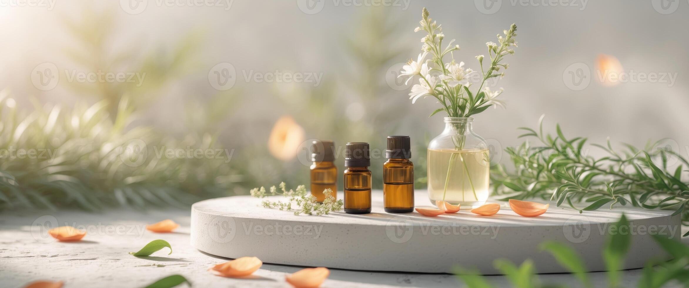 Natural Aromatherapy Setting with Essential Oil and Floral Accents photo