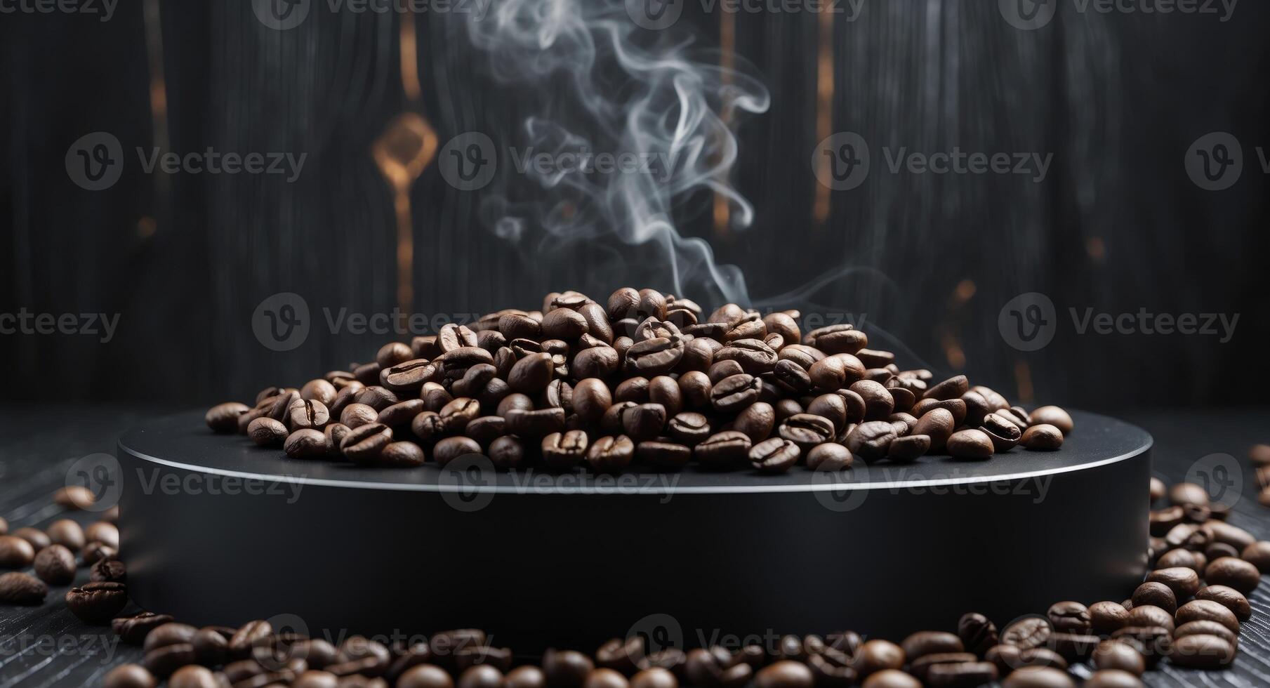 round black podium close shot black wood background studio with coffee beans. photo