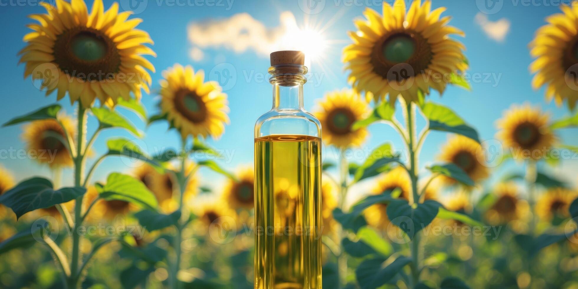 Bottle with oil on the background of a field with sunflowers photo
