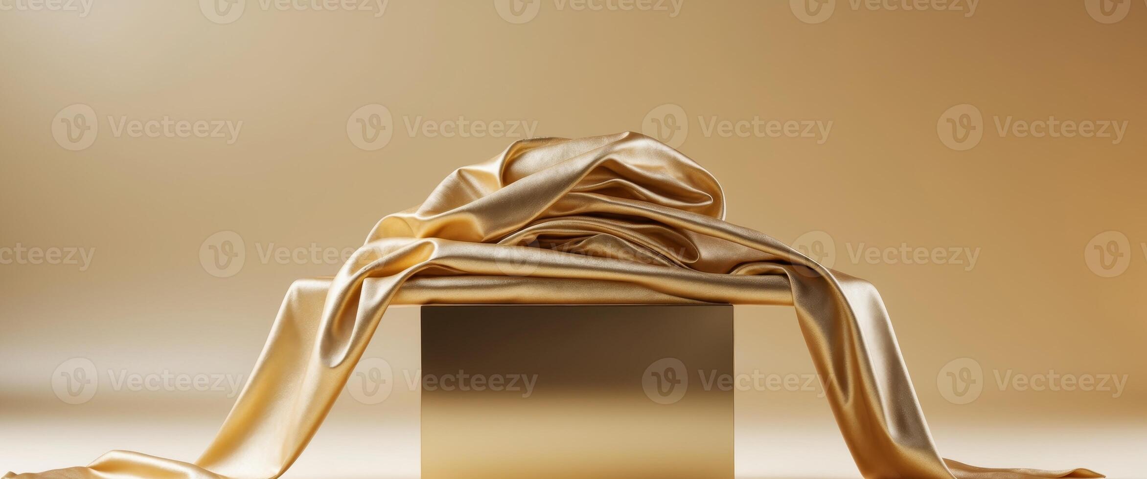 Golden luxurious fabric or cloth placed on top pedestal or blank podium shelf on gold background. photo