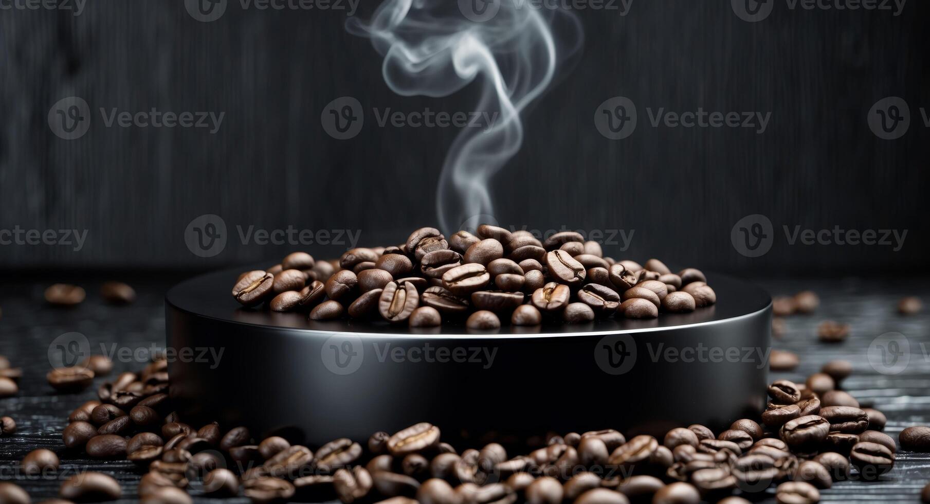 round black podium close shot black wood background studio with coffee beans photo