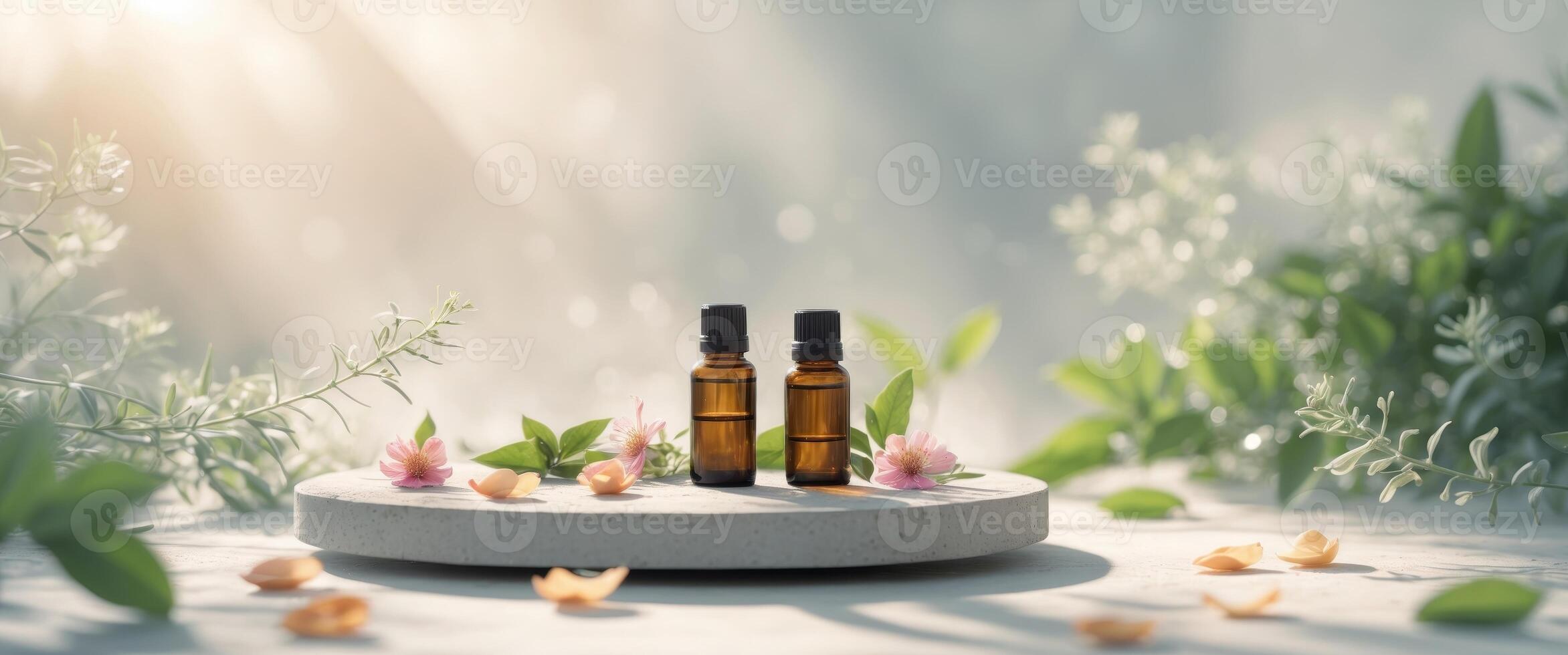 Natural Aromatherapy Setting with Essential Oil and Floral Accents. photo